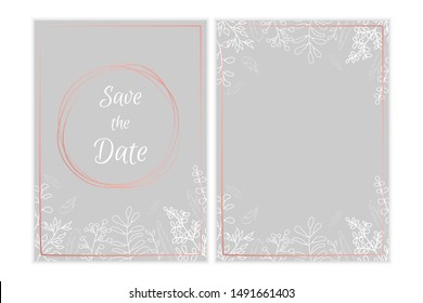 Floral invitation simple vector design, white doodle leaves, rose gold design simple design.