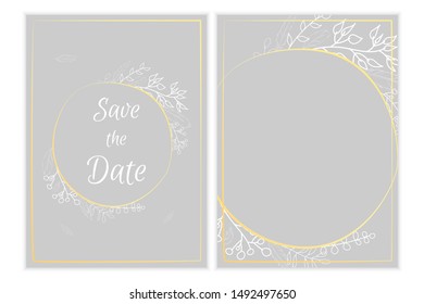 Floral invitation simple vector design, white doodle leaves, gold design simple design.