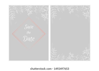Floral invitation simple vector design, white doodle leaves, gold design simple design.