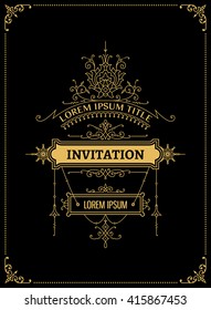Plantilla De Invitación Floral Con Entrada De Texto. Fondo clásico. Ocre sobre negro. 
