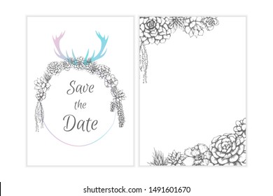 Floral invitation vector design, boho style sketch succulents design.