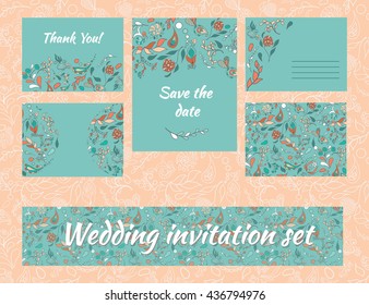 Floral invitation wedding set. Save the date, thank you card. Flower envelope design