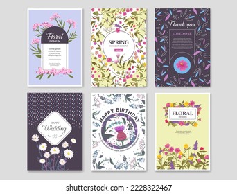 Floral invite, spring frame card. Posters with green leaves wreath, simple nature foliage, exact summer meadow plants. Wedding and birthday decor. Boho botany. Vector design background
