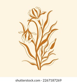 Floral iris in art nouveau 1920-1930. Hand drawn in a linear style with weaves of lines, leaves and flowers. Vector illustration.