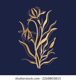 Floral iris in art nouveau 1920-1930. Hand drawn iris with weaves of lines, leaves and flowers.Vector illustration.