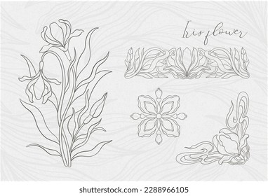 Floral iris in art nouveau 1920-1930. Hand drawn in a linear style with weaves of lines, leaves and flowers. Vector illustration.