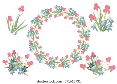 Floral Iris and bell flowers retro vintage background, vector illustration