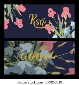 Floral Iris and bell flowers retro vintage background, vector illustration