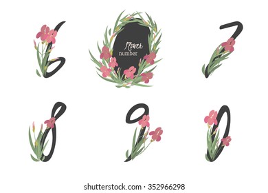 Floral iris  collection numbers in vintage color. Six, seven, eight, nine, zero- signs vector