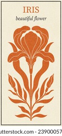 Floral iris design in art nouveau 1920-1930. Hand drawn iris style with weaves of lines, leaves and flowers. Vector illustration.