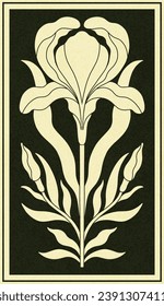 Floral iris design in art nouveau 1920-1930. Hand drawn iris style with weaves of lines, leaves and flowers. Vector illustration.