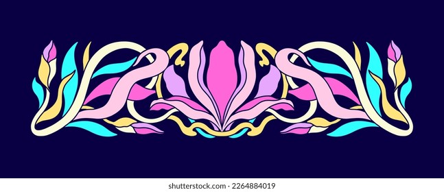 Floral iris flower in art nouveau border 1920-1930. Hand drawn style with weaves of lines, leaves and flowers.Vector illustration.