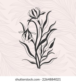 Floral iris flower in art nouveau 1920-1930. Hand drawn iris in a linear style with weaves of lines, leaves and flowers. Vector illustration.