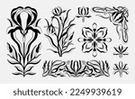 Floral iris set in art nouveau 1920-1930. Hand drawn in a linear style with weaves of lines, leaves and flowers. Vector illustration.