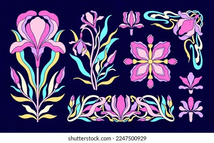 Floral iris set in art nouveau 1920-1930. Hand drawn in a linear style with weaves of lines, leaves and flowers. Vector illustration.