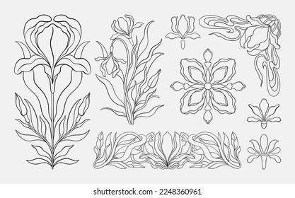 Floral iris set in art nouveau 1920-1930. Hand drawn in a linear style with weaves of lines, leaves and flowers. Vector illustration.