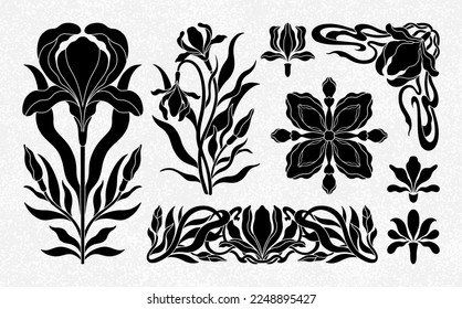 Floral iris set in art nouveau 1920-1930. Hand drawn in a linear style with weaves of lines, leaves and flowers. Vector illustration.