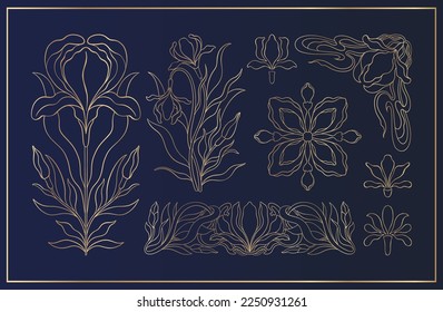 Floral iris set in art nouveau 1920-1930. Hand drawn in a linear style with weaves of lines, leaves and flowers. Vector illustration.
