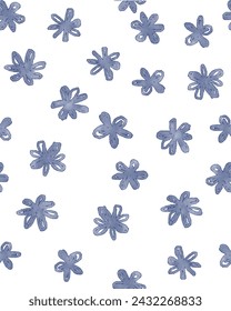 Floral Irregular Seamless Vector Pattern with Tiny Blue Watercolor Flowers on a White Background. Trendy Infantile Drawing-like Floral Repeatable Design. Abstract Garden Print. RGB.