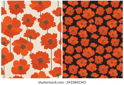 Floral Irregular Seamless Vector Pattern with Red Poppy Flowers Isolated on a Ivory and Black Background. Trendy Abstract Garden Pattern with Red Flowers Perfect for Fabric, Textile, Wrapping Paper.