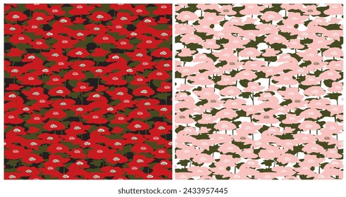 Floral Irregular Seamless Vector Pattern with Tiny Pink and Red Flowers and Green Leaves on a White and Black Background. Trendy Infantile Drawing-like Abstract Garden Pattern. Abstract Garden Print.
