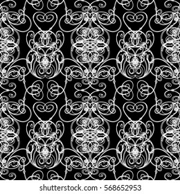 Floral isolated damask seamless pattern wallpaper illustration with antique decorative vertical striped flowers and line art swirl white ornaments.Black ornate background. Vector luxury fabric texture