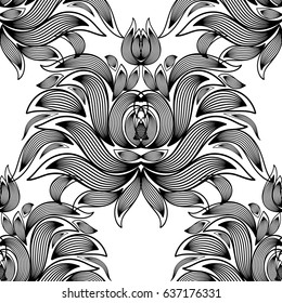 Floral isolated hand drawn seamless pattern. White background wallpaper illustration with black line art striped paisley flowers, curve swirl leaves and flourish abstract  ornaments. Vector  texture