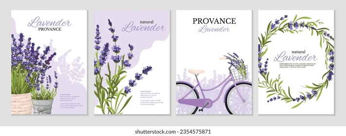 Floral isolated posters set decorated with lavender sprigs in pots bicycle basket and frame realistic vector illustration