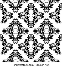 Floral isolated seamless  pattern. Damask white background with vintage  black baroque ornaments, antique  leaves and flowers in Victorian style. Vector elegant texture for wallpapers, textile, fabric