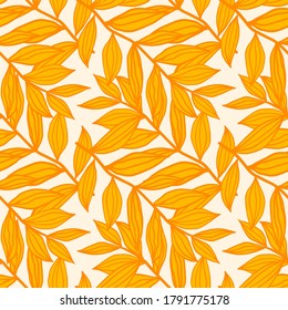Floral isolated seamless pattern with outline foliage silhouettes. Yellow and orange tones botanic ornament on white background. For wrapping, textile, fabric print and wallpaper. Vector illustration