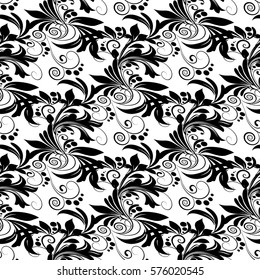 Floral isolated seamless  pattern. White background with vintage  black flowers, leaves and antique ornaments in Victorian style. Luxury wallpaper. Vector texture for fabric, textile, curtains.