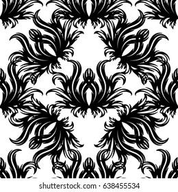 Floral isolated  seamless pattern. White vector damask background wallpaper illustration with vintage hand drawn black  flowers, swirl scroll leaves and antique ornaments in Victorian Baroque style.