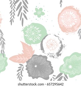 Floral japan style pattern with hand drawn textures