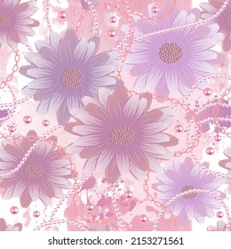 Floral jewelry 3d seamless pattern. Watercolor background in pink pastel colors. Beautiful ornaments with chamomile daisy flowers, necklace, chains, gemstones, 3d pearls, beads. Dirty repeat backdrop.