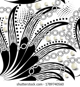 Las joyas florales son un patrón impecable. Vector de fondo ornamental blanco y negro. Repetir el fondo decorativo. Hermoso adorno dibujado a mano. Flores de encía, perlas 3d, cadenas, estrellas, círculos. Diseño moderno