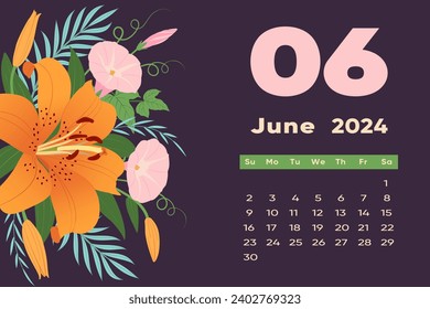 Floral June 2024 calendar template. With bright colorful flowers and leaves. Editable page template with illustrations. Vector mesh. The week starts on Sunday. Vector Colorful Art Design.