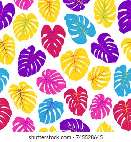 Floral jungle ornament with monstera leaf tropical seamless pattern vector.  Philodendron or monstera plant background. Tropical pattern with jungle leaves, background in violet, pink, blue, yellow.