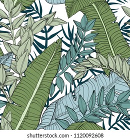 Floral jungle seamless leaves pattern with tropical plants