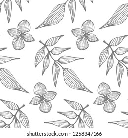 Floral jungle seamless pattern on white background, line art ink drawing. Tropical background with palm leaves and flowers. Summer vector illustration. Perfect for fabric, wrapping paper, cards.