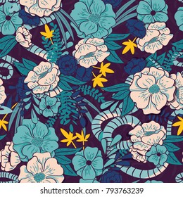 Floral jungle with snakes seamless pattern, tropical flowers and leaves, botanical hand drawn vibrant vector illustration