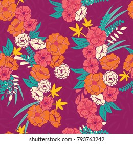 Floral jungle with snakes seamless pattern, tropical flowers and leaves, botanical hand drawn vibrant vector illustration