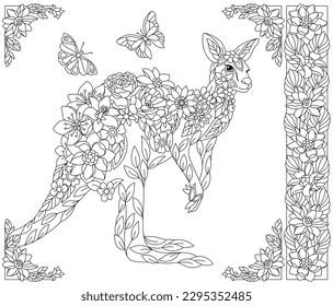 Canguro floral. Página del libro de colorear para adultos con elementos de flor y animal de fantasía