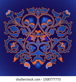 Floral Kazakh, Uzbek national Islamic ornament. Ornate muslim arabesque decor for custom textile design. Simple colorful orange and blue decor in arabesque style.