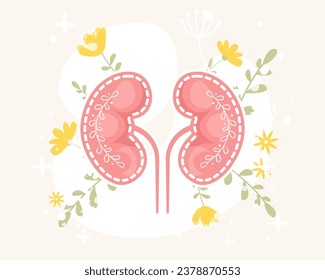 Floral kidneys vector illustration in flat cartoon style. Healthy human kidney with flowers and leaves