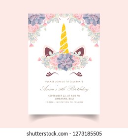 Floral Kids Birthday Invitation With Cute Unicorn 