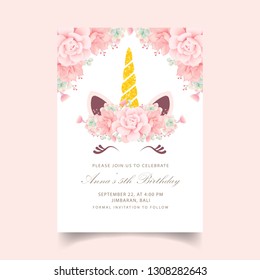 Floral Kids Birthday Invitation With Cute Unicorn 