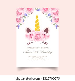 floral kids birthday invitation with cute unicorn 