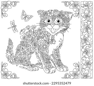 Floral kitten. Adult coloring book page with fantasy animal and flower elements