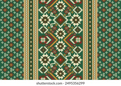 Floral knitted design pattern on green background vector illustration.knitted embroidery,geometric ethnic pattern traditional.knitted oriental pattern.design for texture,fabric,clothing,decoration.