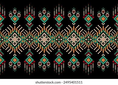 Floral knitted design pattern on black background vector illustration.knitted embroidery,geometric ethnic pattern traditional.knitted oriental pattern.design for texture,fabric,clothing,decoration.